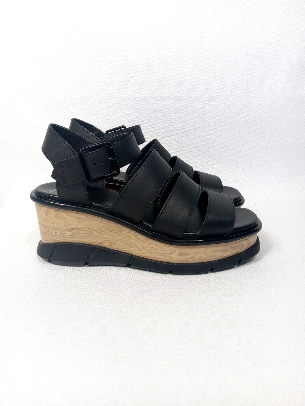 SOREL Women's Joanie III Ankle Strap Wedge Sandal In Black Leather Size 7.5